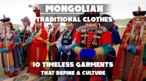 This image is about Mongolian traditional clothes. The image features several individuals wearing vibrant, traditional garments known as deels.