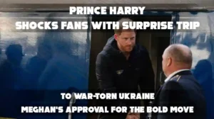 Prince Harry on a surprise trip to Ukraine, stepping off a train; news headline mentions Meghan's approval.