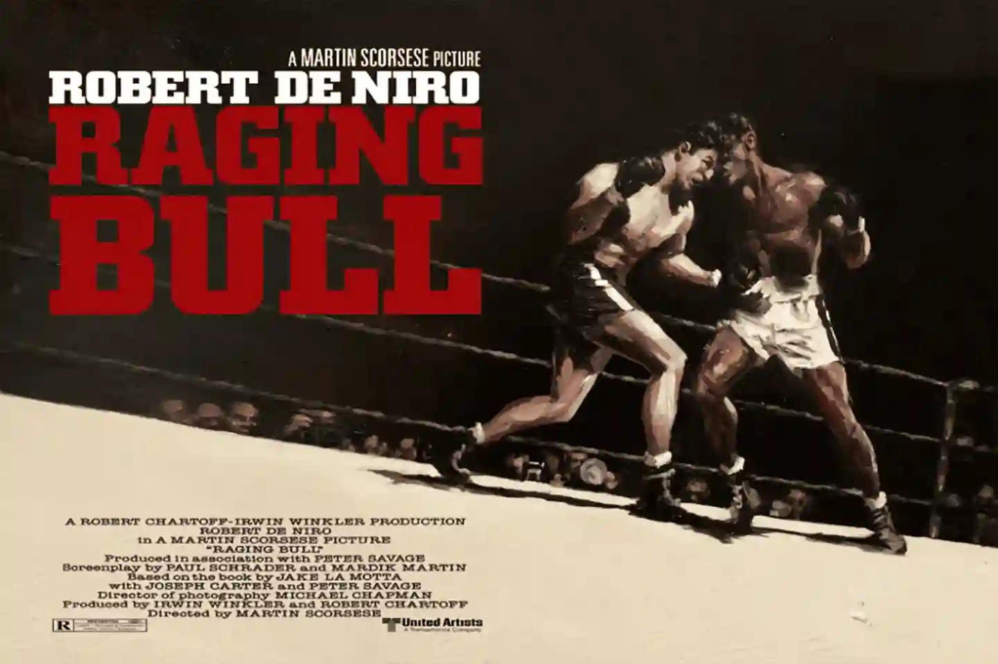 The image is a movie poster for the 1980 film Raging Bull, directed by Martin Scorsese and starring Robert De Niro. The image is a movie poster for the 1980 film Raging Bull, directed by Martin Scorsese and starring Robert De Niro.
