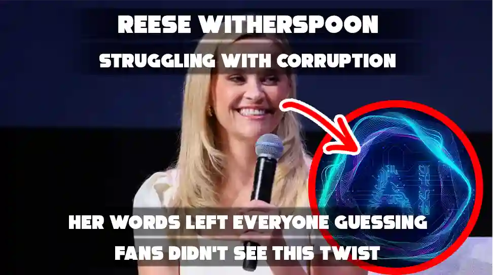 Reese Witherspoon AI corruption speech: actress speaks about corruption with an AI symbol on screen.