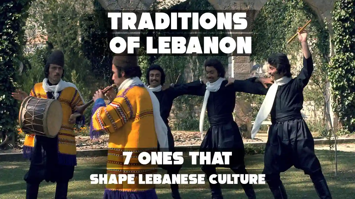 The image is a graphic for an article or presentation about Lebanese culture and traditions. It features men in traditional attire, likely performing a Zaffe, a traditional Lebanese wedding procession involving music and dance.