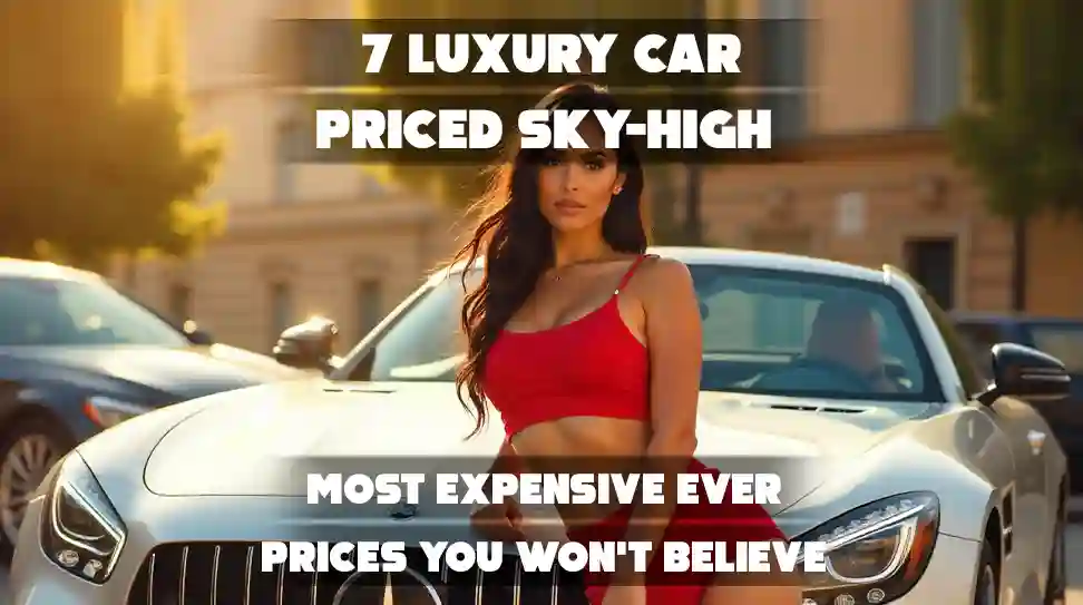 The image is a thumbnail for content discussing the world's most expensive luxury cars. It features a woman in a red top posing in front of a silver sports car, likely a Mercedes-AMG GT, with text overlays indicating a list or video about high-priced vehicles.