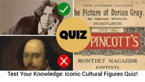 The image is a visual representation of a quiz titled "Test Your Knowledge: Iconic Cultural Figures Quiz!".