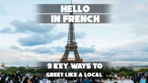 French tourists smiling and saying “salut” while enjoying a sunny day near the Eiffel Tower, taking photos and admiring the view.