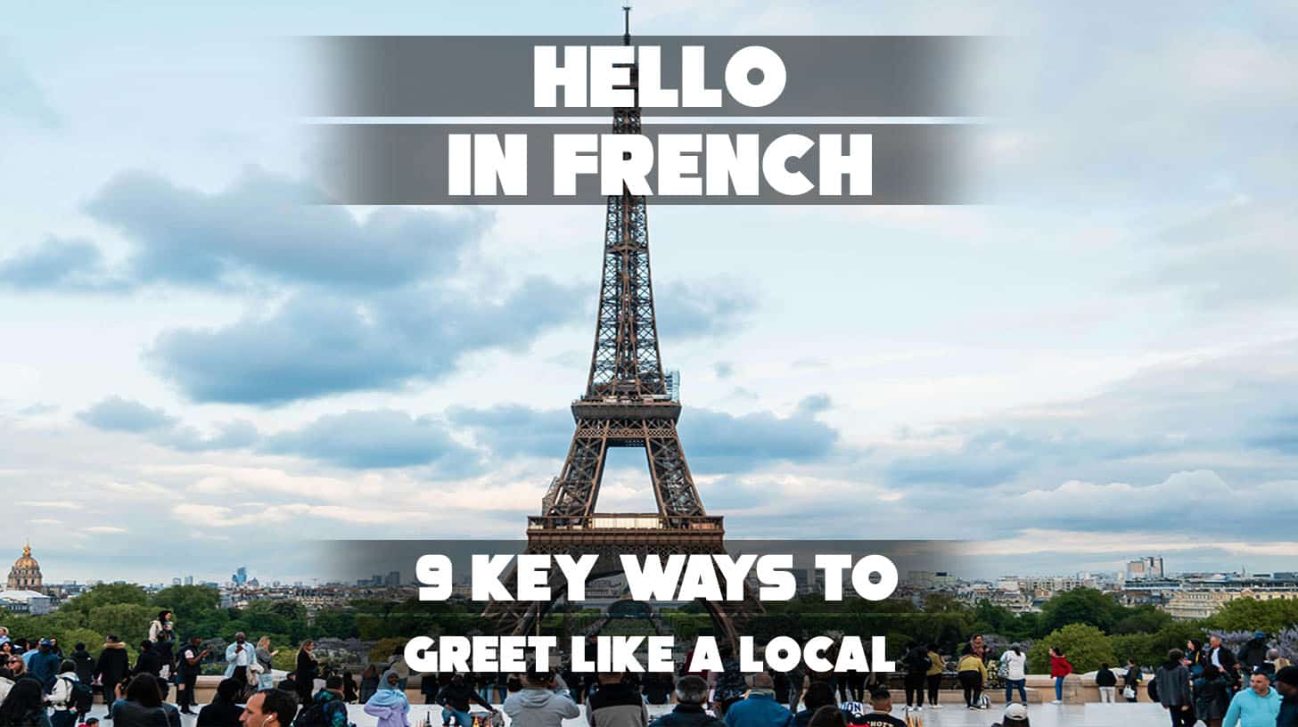French tourists smiling and saying “salut” while enjoying a sunny day near the Eiffel Tower, taking photos and admiring the view.