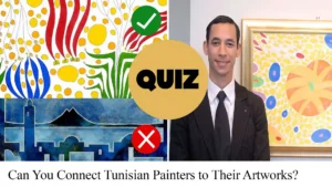 The image is a screenshot from an online quiz titled "Can You Connect Tunisian Painters to Their Artworks?".
