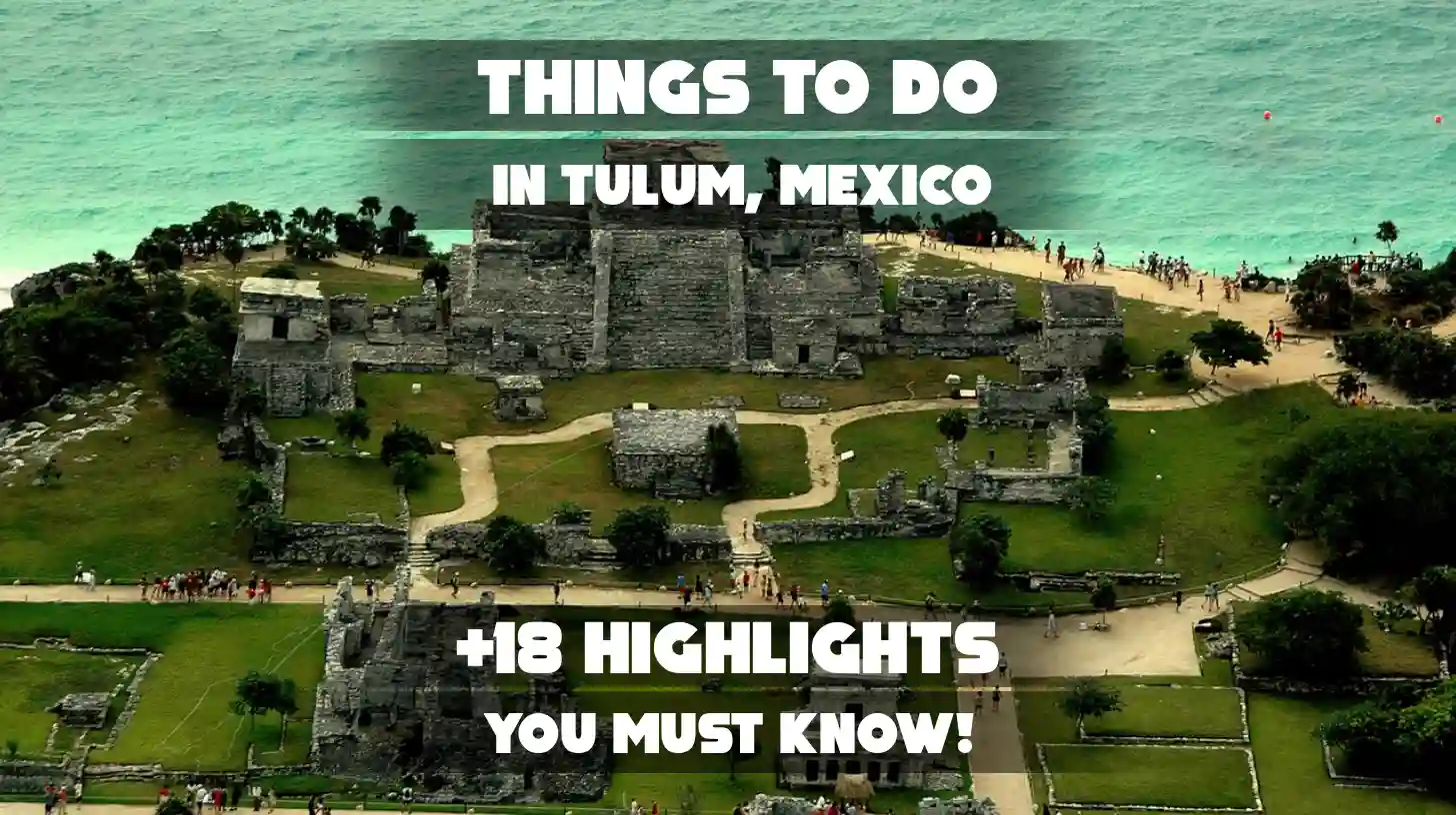 The image shows the Tulum Mayan Ruins in Quintana Roo, Mexico, featuring a bird's-eye view of El Castillo (The Castle) perched on 12-meter (39-foot) high cliffs overlooking the Caribbean Sea.