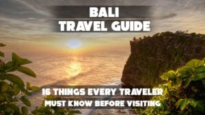 This image is a title slide for a Bali travel guide featuring the Uluwatu Temple, a significant landmark located on a steep cliff above the sea.