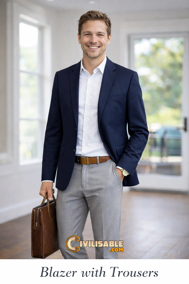 The image shows a man dressed in a business smart casual style, featuring a navy blue blazer paired with light-colored trousers and a crisp white button-down shirt. This classic combination is a versatile look suitable for professional environments, interviews, or formal daily wear.Business Casual Dress for Men The image shows a man dressed in a business smart casual style, featuring a navy blue blazer paired with light-colored trousers and a crisp white button-down shirt. This classic combination is a versatile look suitable for professional environments, interviews, or formal daily wear.Business Casual Dress for Men