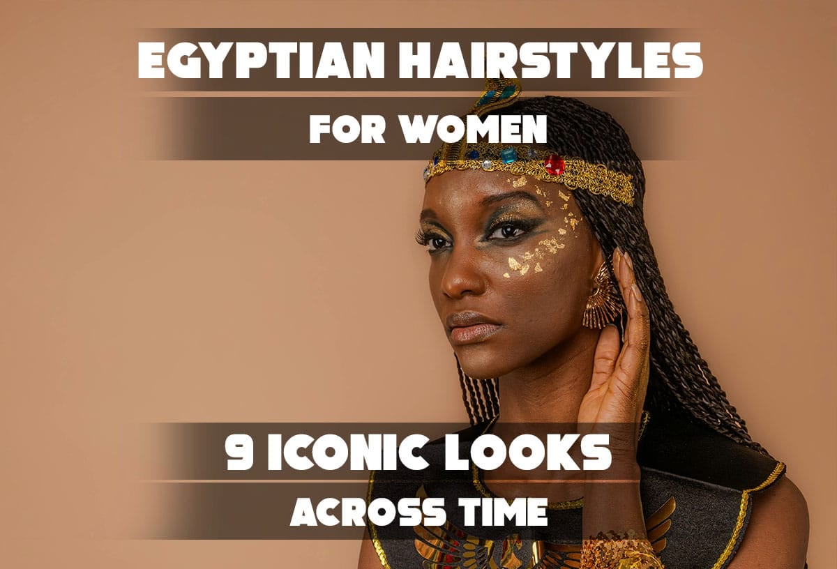 The central image is a social media graphic featuring a woman in an ancient Egyptian-inspired ensemble. She is wearing a prominent golden headdress with intricate beadwork and dangles, along with a matching multi-layered golden necklace and arm jewelry. Her hairstyle consists of numerous long, thin braids, and she has dramatic dark eye makeup and facial highlights.