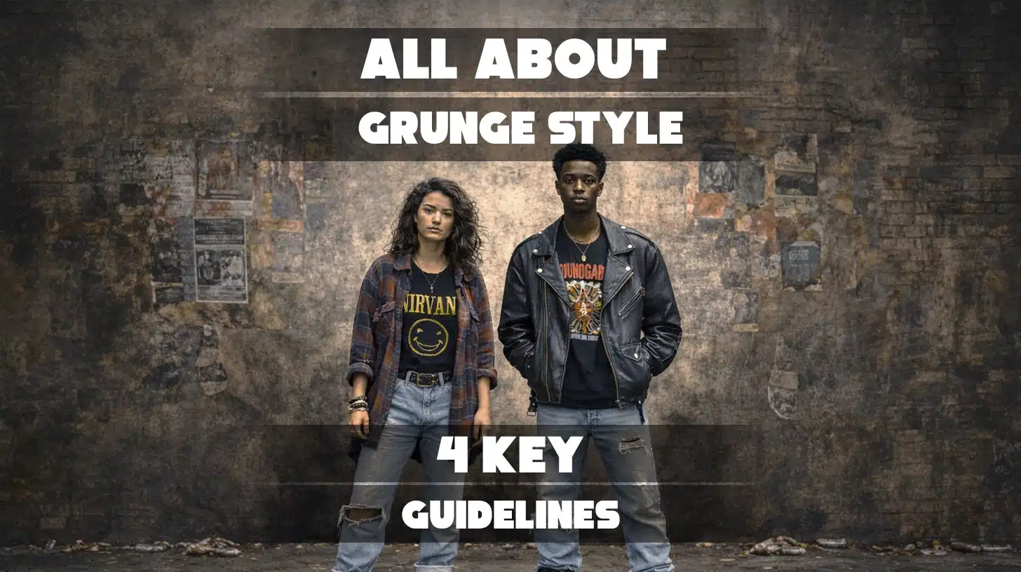 This image provides a guide to grunge style, likely highlighting tips based on the fashion shown in the text overlays.