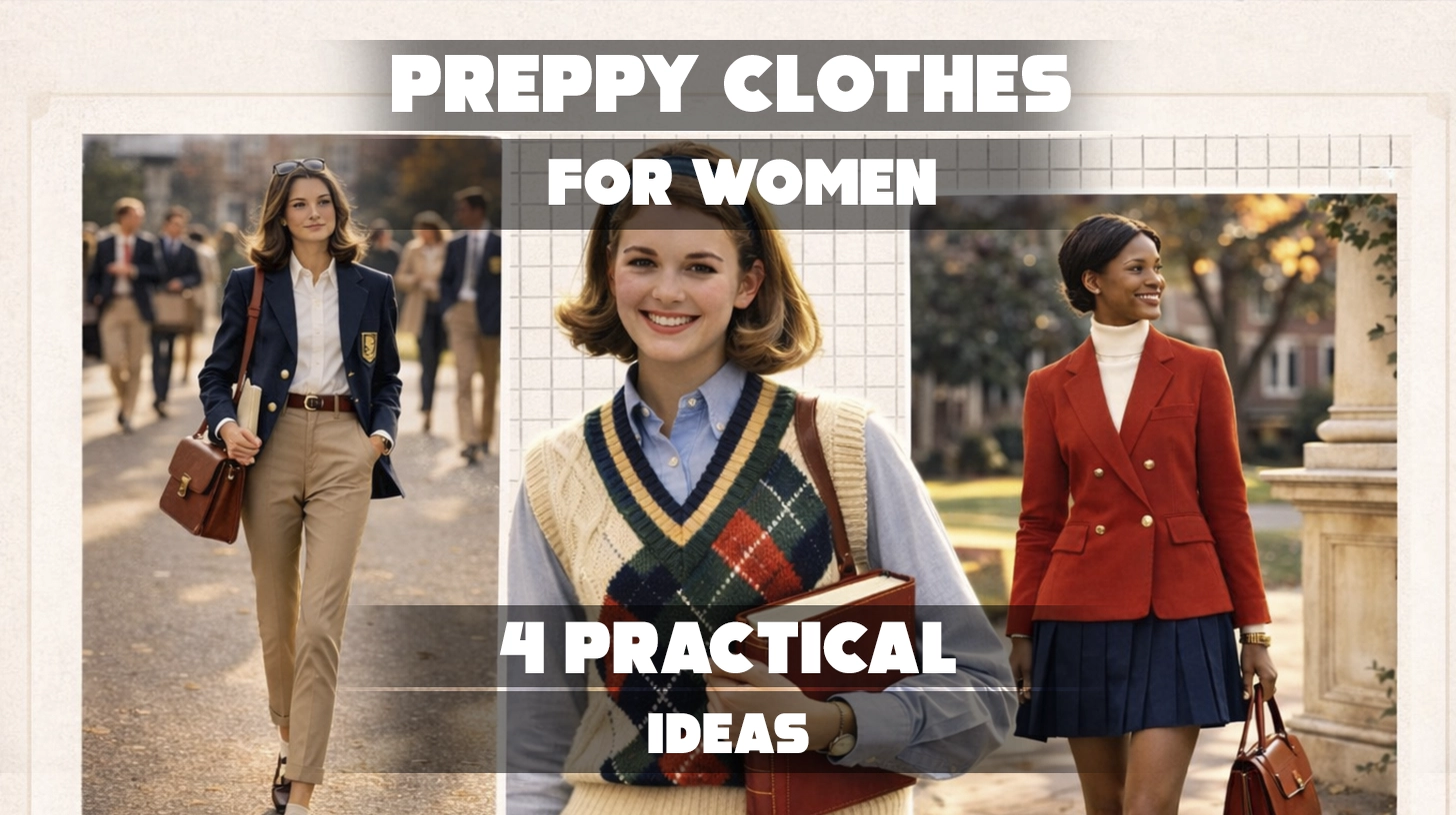 This image features an informative graphic displaying classic preppy fashion styles for women and highlights four practical outfit ideas.