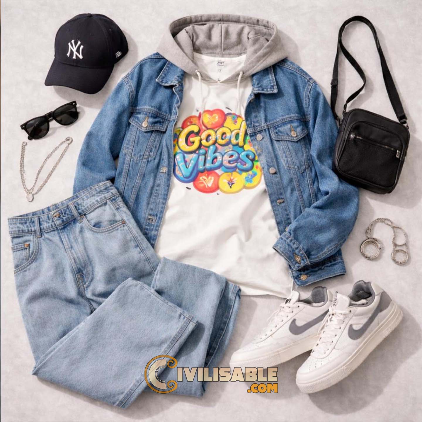 This image displays a trendy streetwear outfit featuring a graphic t-shirt, denim jacket, jeans, and accessories.
Streetwear Combinations This image displays a trendy streetwear outfit featuring a graphic t-shirt, denim jacket, jeans, and accessories.
Streetwear Combinations